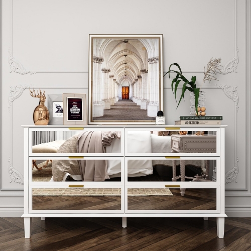 Modern White Art MDF High Gloss Lacquer Finish 6 Drawer Mirrored Dresser Glass Chest of Drawers