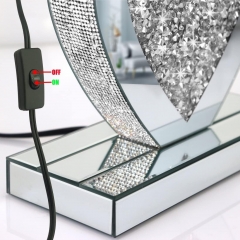 Beige Linen Rectangular Shade Heart Shaped Crystal Diamond Silver Mirror Base Mirrored LED Table Lamp