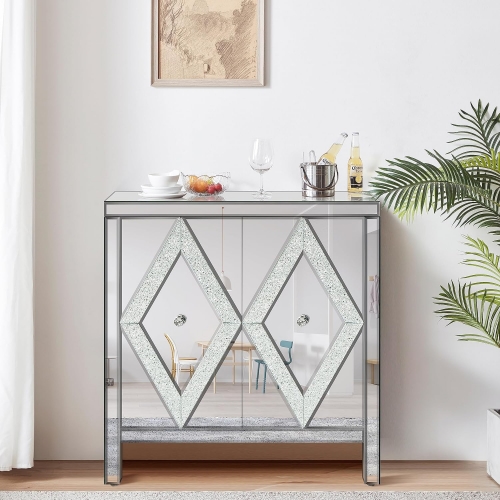 Modern Buffet Sideboard Console Table Mirrored Accent Storage Cabinet with Diamond Shape Decorative Mirror Door