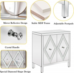 Modern Buffet Sideboard Console Table Mirrored Accent Storage Cabinet with Diamond Shape Decorative Mirror Door