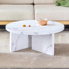 Modern White Circle Central Cocktail Table Marble-look 31.4 Inch Round Coffee Table for Living Room