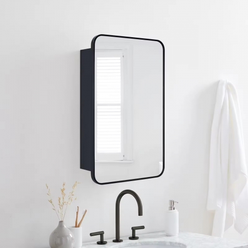 Recessed and Surface Mount Black Beveled Edge Mirror Door Round Corner Metal Frame Medicine Cabinet