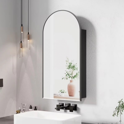 Bathroom Embeddable Semi Metal Framed Brushed Black Arched Medicine Cabinets with Mirror