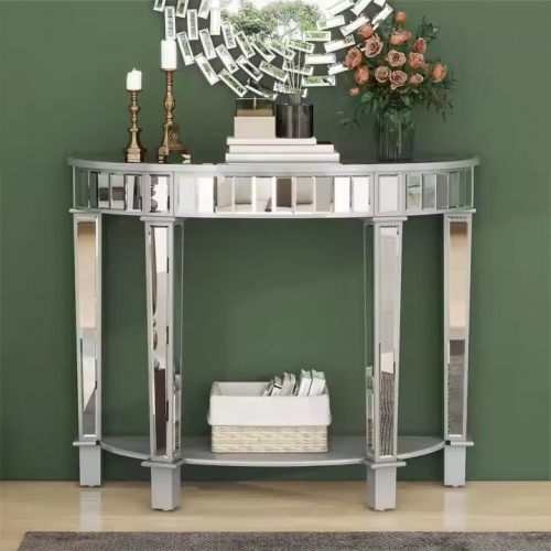 Living Room Semicircular Console Table With 2 Tier Storage Shelf Hallway Table Mirrored Finish Entryway Table