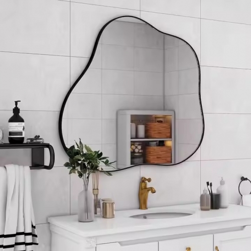 Stylish Irregular Wavy Mirror Black Asymmetrical Metal Framed Wall Accent Mirror for Bedroom