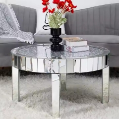 Hot Luxury Living Room Round Center Table Glass Top Diamond Crystal Mirrored Coffee Table