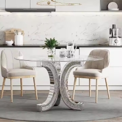 COOLBANG Dining Room Furniture Tempered Glass Tabletop Crushed Diamond Pedestal Mirrored Luxury Round Dining Table