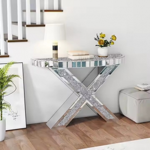 High Quality X Shape Mirrored Crushed Crystal Living Room Furniture Curved Side Silver Glass Console Entryway Tables