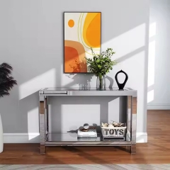 Modern Minimalist Design Glass Sofa Table Double Layer Storage Shelf Crushed Diamond Mirrored Console Table