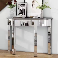 New Design Light Luxury Mirror Furniture Silver Semicircular Mirrored Console Table With Drawer