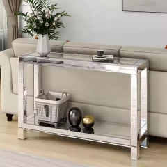 Modern Minimalist Design Glass Sofa Table Double Layer Storage Shelf Crushed Diamond Mirrored Console Table