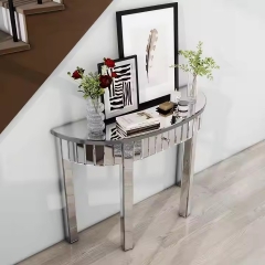 New Design Light Luxury Mirror Furniture Silver Semicircular Mirrored Console Table With Drawer