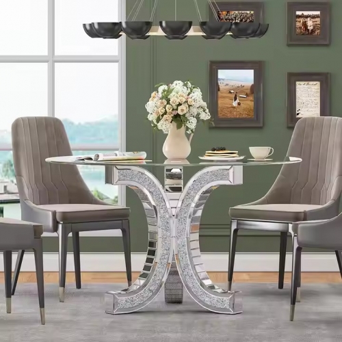 COOLBANG Dining Room Furniture Tempered Glass Tabletop Crushed Diamond Pedestal Mirrored Luxury Round Dining Table