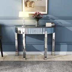 New Design Light Luxury Mirror Furniture Silver Semicircular Mirrored Console Table With Drawer