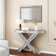 High Quality X Shape Mirrored Crushed Crystal Living Room Furniture Curved Side Silver Glass Console Entryway Tables