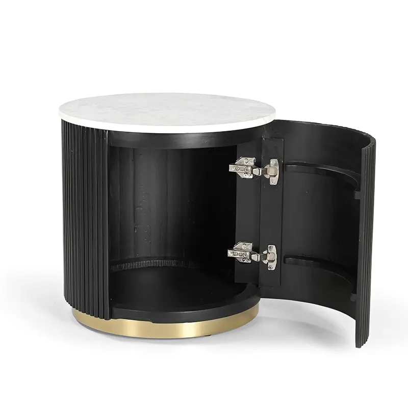 Modern Black Living Room Side Table Wooden Base Marble Top End Table With Storage Cabinet