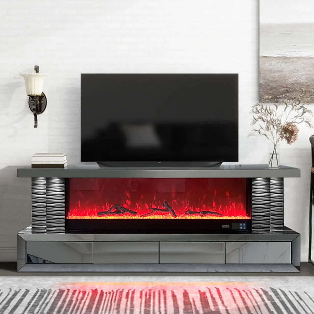 Modern European TV Stand High Gloss 3D Electronic Fireplace Wooden Luxury Furniture Living Room Elegant Ambiance Home Apartment