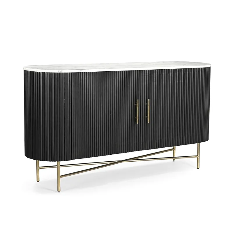 Wabi-sabi black wood two door storage buffet sideboard with faux marble top and metal legs