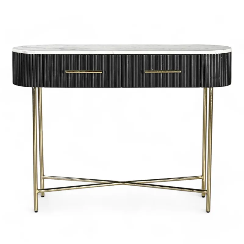 Wabi-sabi style black 2 drawer living room console table with marble top and metal legs