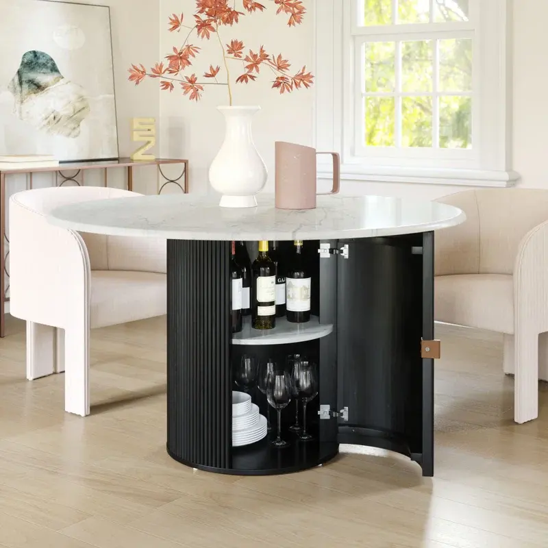 Modern Black Round Marble Top Wooden Base Dining Table with 2 Tier Storage Cabinets