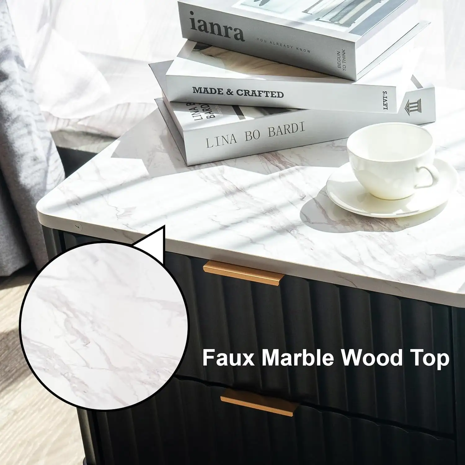 Modern Faux Marble Wood Ripple Nightstand Fluted Bedside Table Curved Corner Bedside Table with 2 Drawer