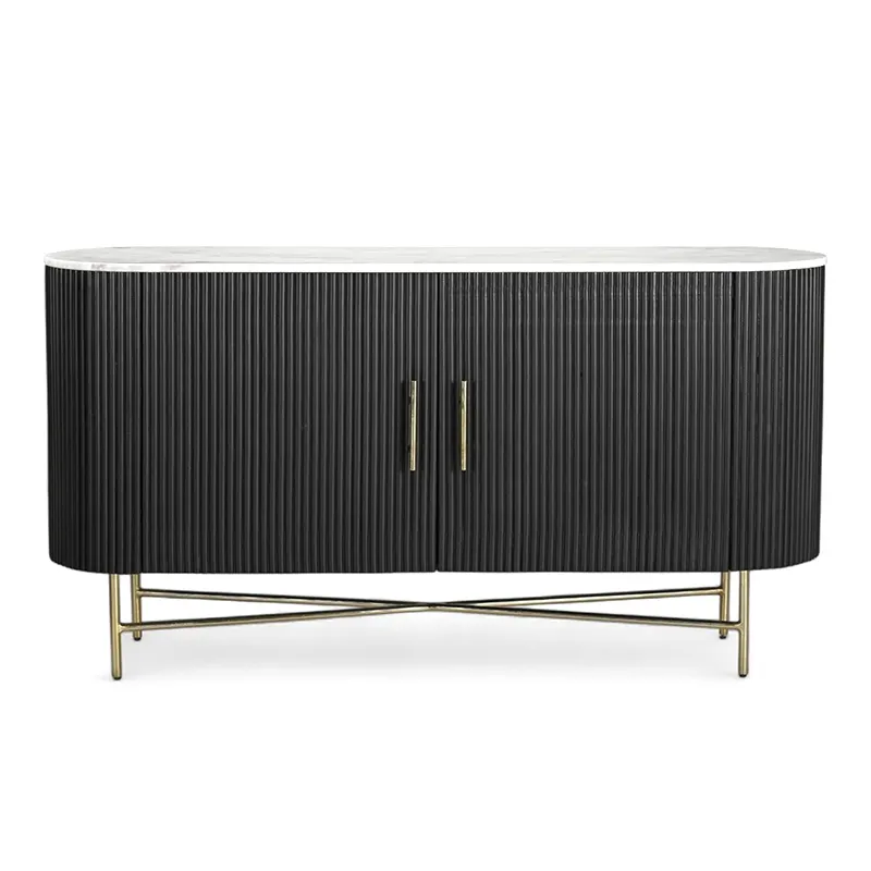 Wabi-sabi black wood two door storage buffet sideboard with faux marble top and metal legs