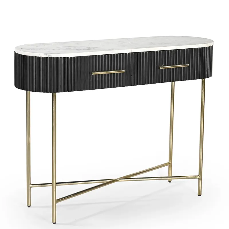 Wabi-sabi style black 2 drawer living room console table with marble top and metal legs