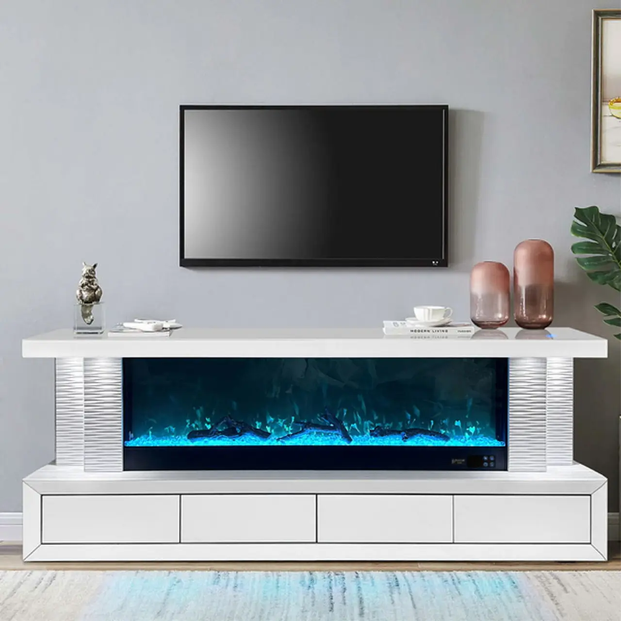 Modern European TV Stand High Gloss 3D Electronic Fireplace Wooden Luxury Furniture Living Room Elegant Ambiance Home Apartment