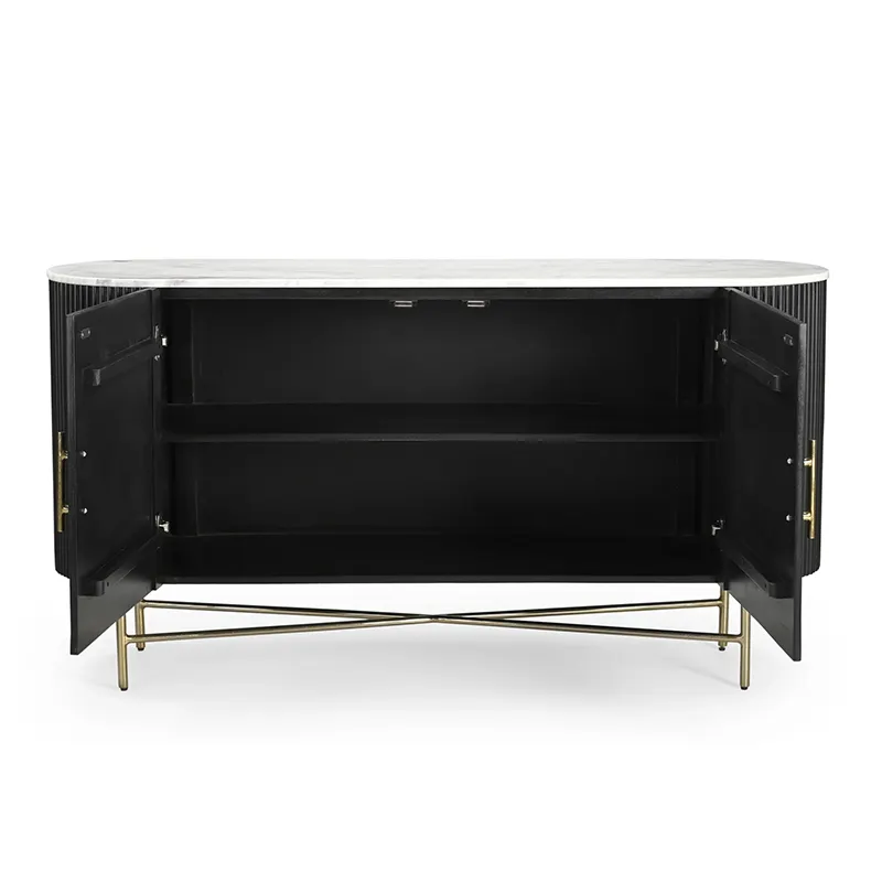 Wabi-sabi black wood two door storage buffet sideboard with faux marble top and metal legs