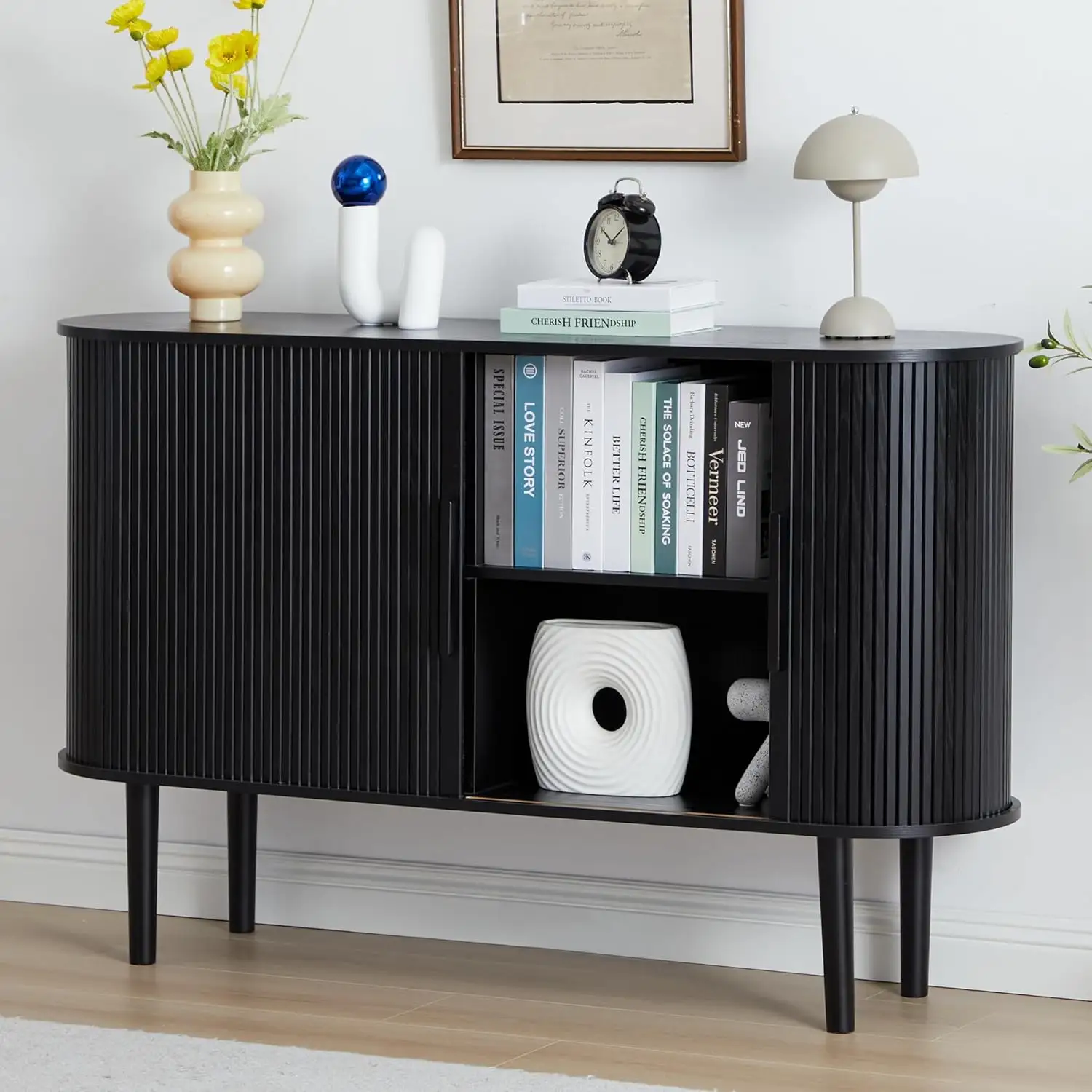 Black Fluted Slide Doors Console Table Sideboard Buffet Kitchen Storage Cabinet Tv Unit For Living Room