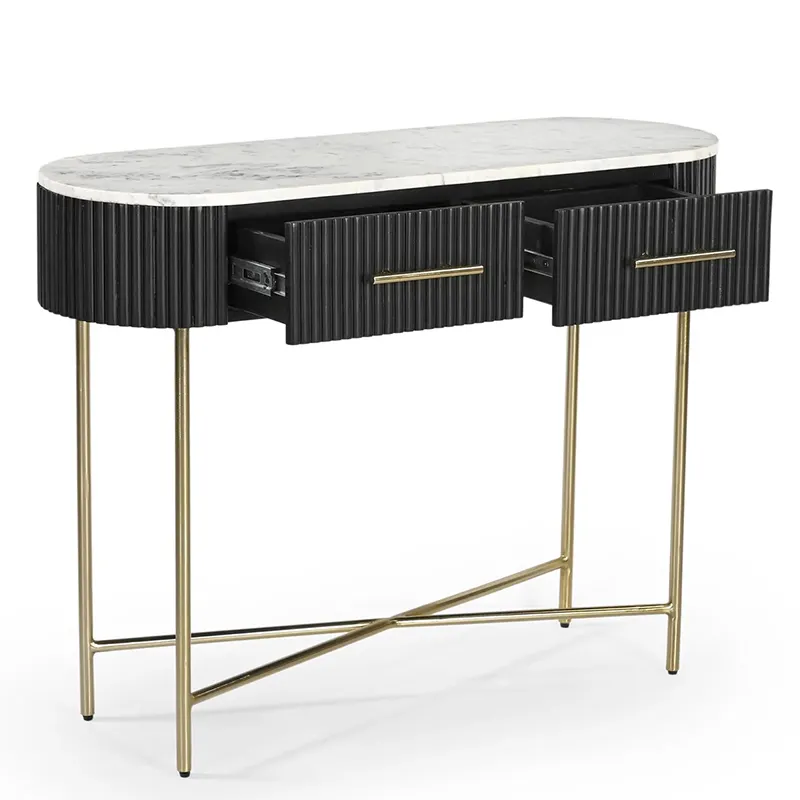 Wabi-sabi style black 2 drawer living room console table with marble top and metal legs