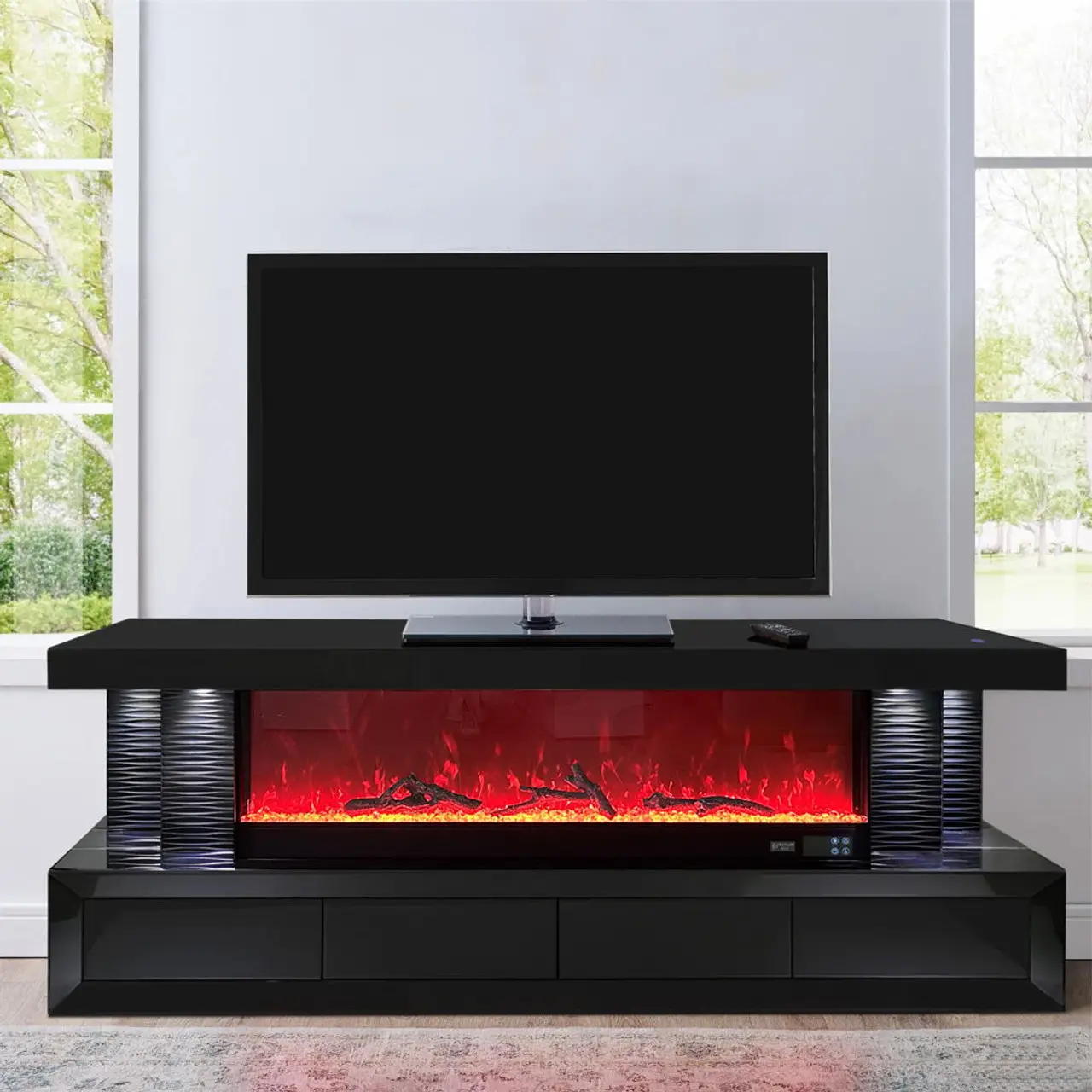 Modern European TV Stand High Gloss 3D Electronic Fireplace Wooden Luxury Furniture Living Room Elegant Ambiance Home Apartment