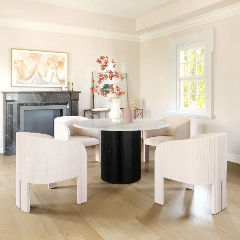 Modern Black Round Marble Top Wooden Base Dining Table with 2 Tier Storage Cabinets