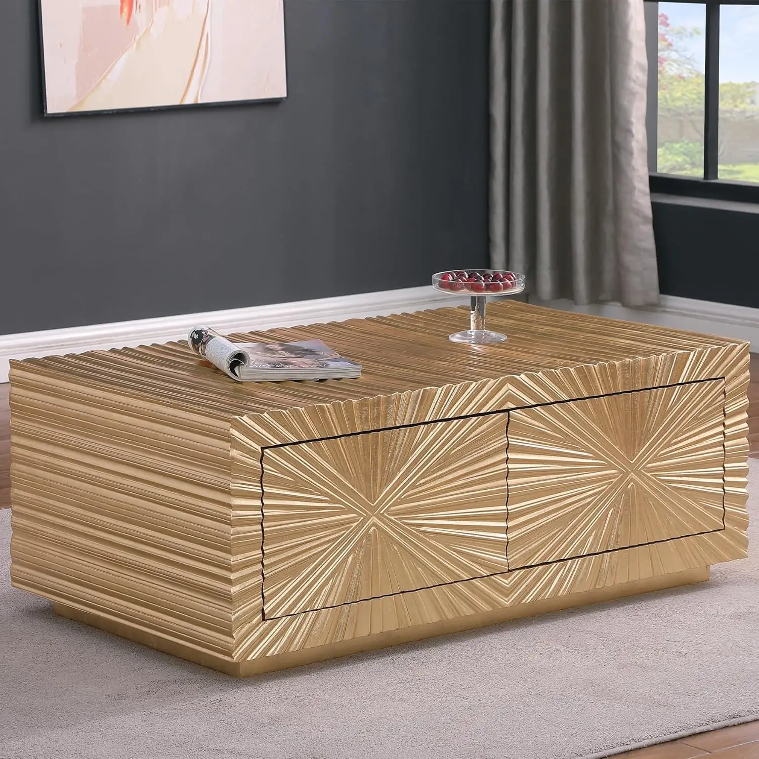 Contemporary Gold Rectangular Coffee Table with 2 Drawers Luxury Antique Design for Home Living Room Furniture