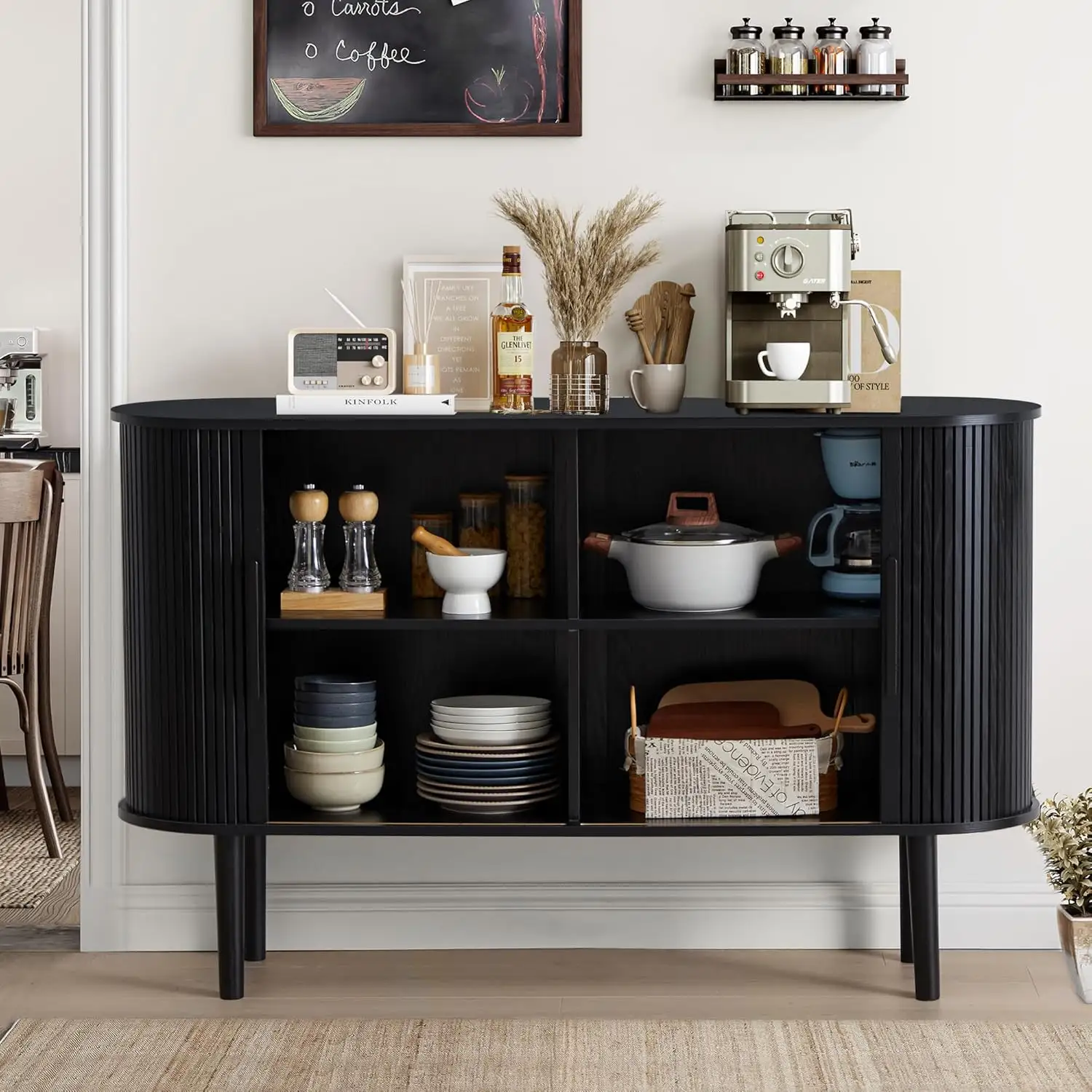 Black Fluted Slide Doors Console Table Sideboard Buffet Kitchen Storage Cabinet Tv Unit For Living Room