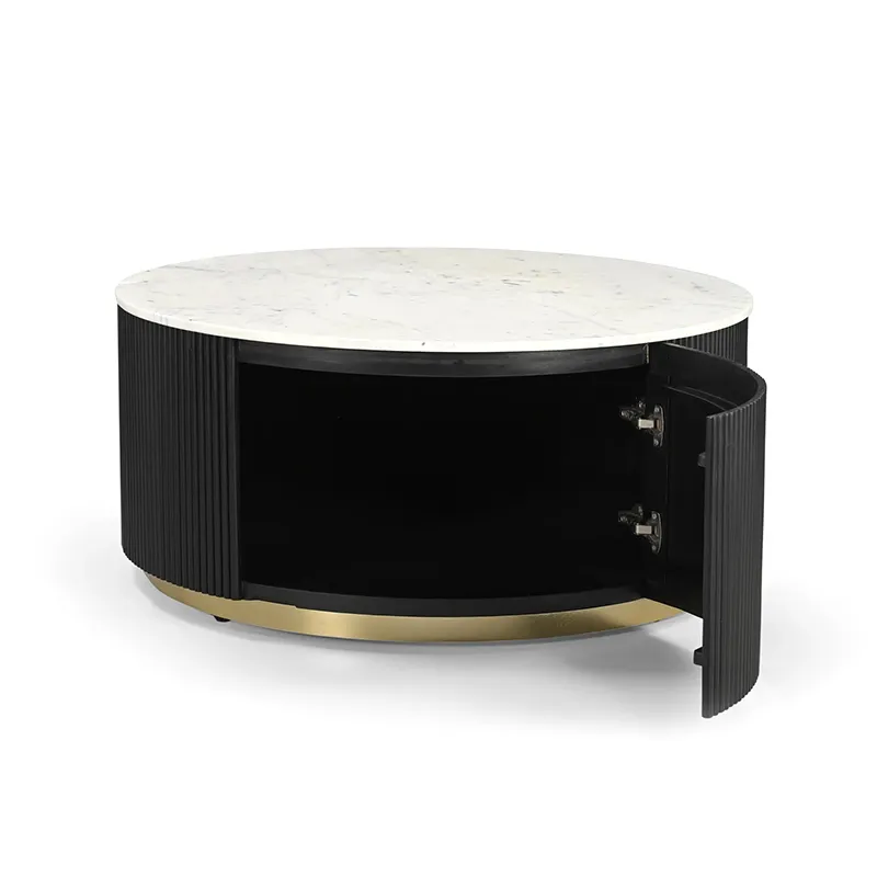 Modern Black Living Room Center Table Wooden Base Marble Top Coffee Table With Storage Cabinet