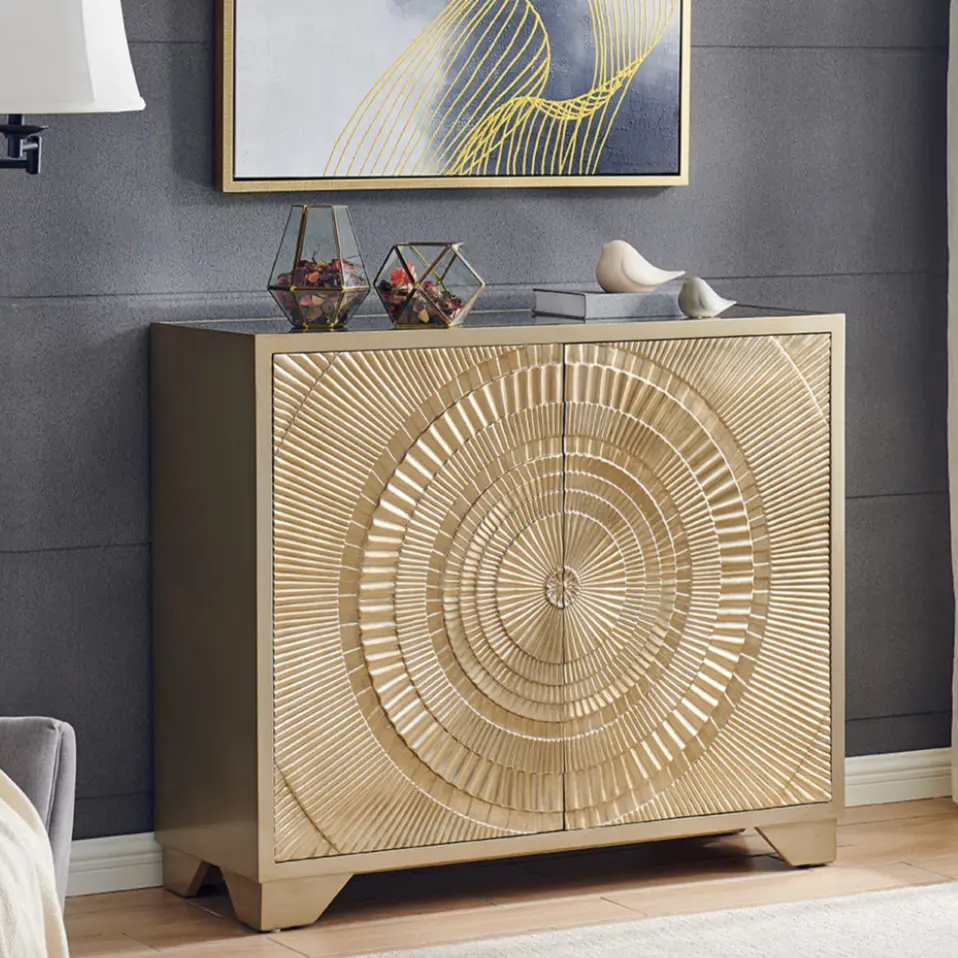 Gold 2-Door Sideboard in Accent Design Style for Kitchen Dining Living Room Bedroom Hotel Farmhouse Bathroom Hall Use Made Wood