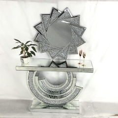 Glam Mirrored Console Table with Crystal Inlay and Geometric Base for Living Room