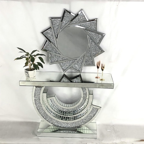 Glam Mirrored Console Table with Crystal Inlay and Geometric Base for Living Room