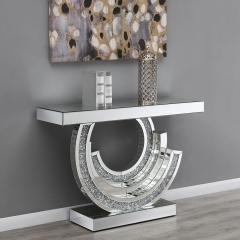 Glam Mirrored Console Table with Crystal Inlay and Geometric Base for Living Room