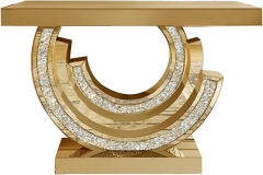 Glam Mirrored Console Table with Crystal Inlay and Geometric Base for Living Room