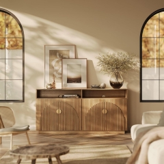 Wooden TV Cabinet with Gold Accent Handles and Open Shelves