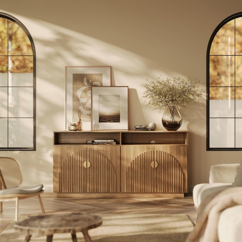 Wooden TV Cabinet with Gold Accent Handles and Open Shelves