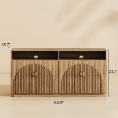 Wooden TV Cabinet with Gold Accent Handles and Open Shelves