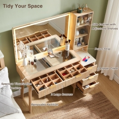 Modern Lighted Makeup Vanity Desk with Side Cabinet Adjustable Shelves Glass Top and Charging Station