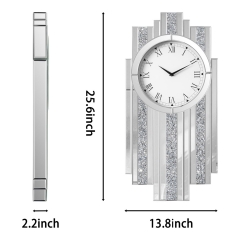 Art Deco Mirrored Wall Clock with Crystal Glitter Stripes Roman Numeral Design