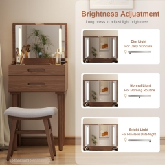 3-in-1 Multifunctional Vanity Table with LED Mirror Wooden Makeup Desk Nightstand & Work Desk