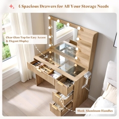 Large Lighted Vanity Table with Clear Glass Top Four Drawers and Open Side Shelves for Bedroom Makeup Storage