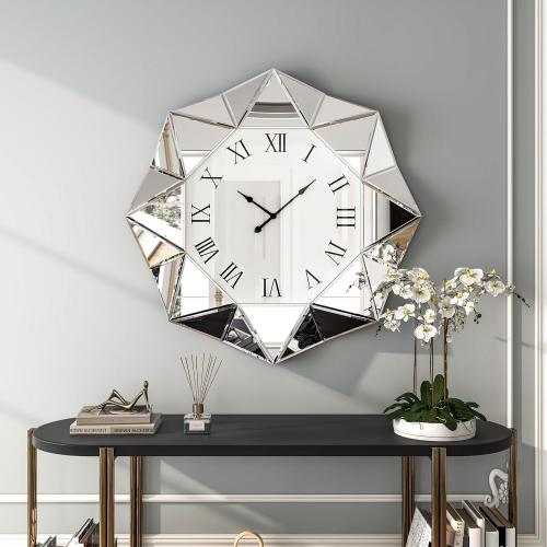 Modern Diamond Shape Mirrored Wall Clock with Roman Numbers for Home Decor