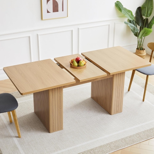 Minimalist Rectangular Extendable Dining Table with Dual Pedestal Legs for Dining Room or Kitchen